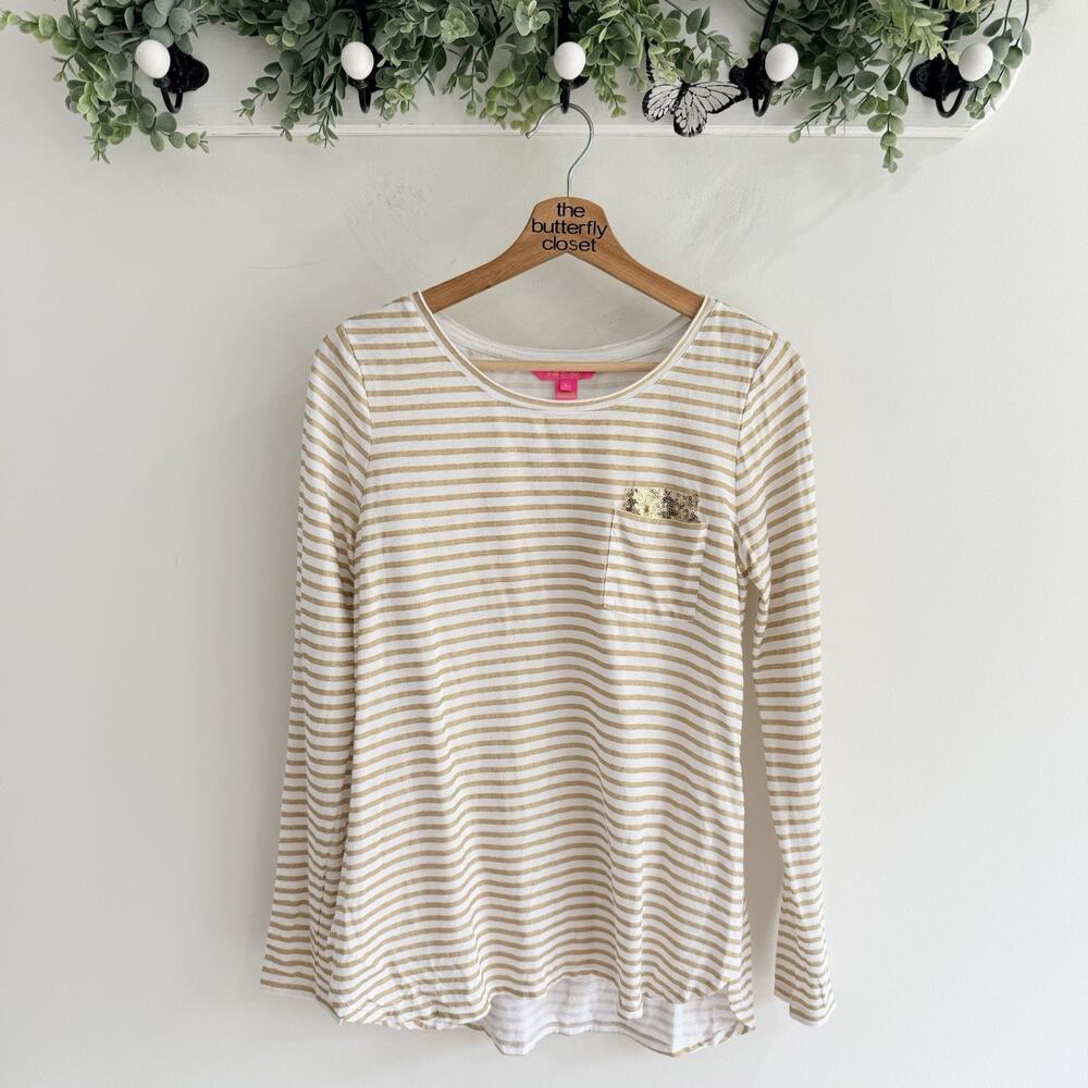 Lilly Pulitzer Louella Top Gold Metallic Striped Sequince Pocket Size S L2003